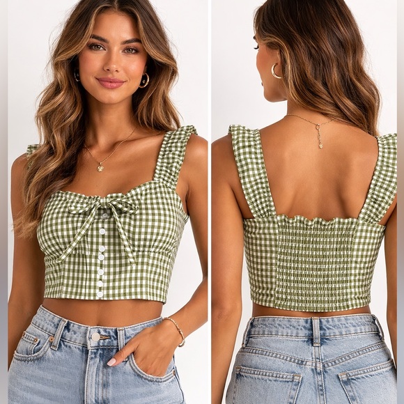 Tullea Tops - Tullea Gingham Women's Gingham Crop Tank Top Size Small NWT